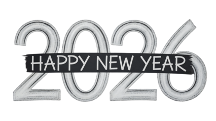 Happy New Year 2026 Celebration Wishes Digital Art Silver Text Holiday Festive Season Greeting on transparent background