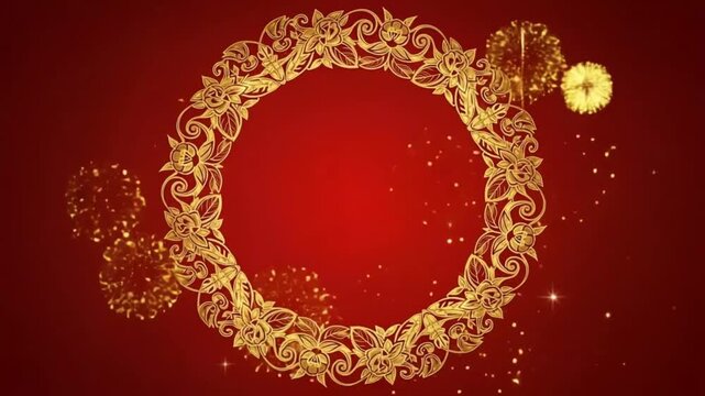 Elegant Golden Floral Circle Frame with Subtle Sparkles on Deep Red Background Luxurious Decorative Border for Celebrations Invitations and Luxury 4K Ai HD video.

