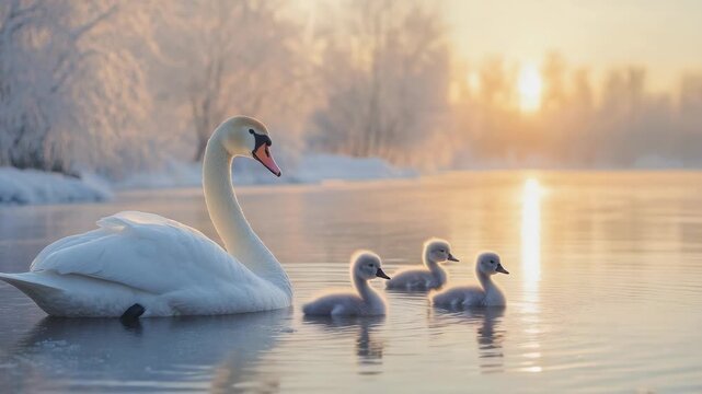 Wild swan and its young ones frolicking on a snow-covered river during sunset.