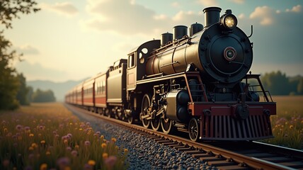 Fototapeta premium Vintage Steam Train Journey Through Scenic Landscape at Sunset