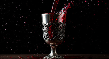 Savor the rich, deep crimson of this exquisite red wine pouring into an ornate silver goblet, a moment of pure indulgence and refined taste.