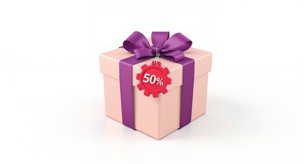 Gift box with 50 off discount tag pink present with purple ribbon sale promotion image