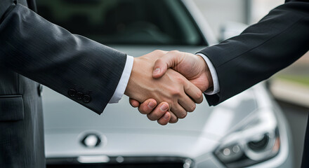 Successful car deal sealed with a handshake, signifying trust and partnership between buyer and seller, a symbol of a completed transaction.