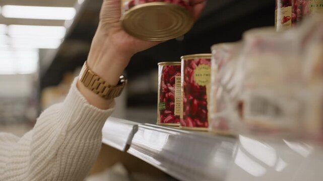 Close up of female shopper hand reaching for can of beans on supermarket shelf wearing smartwatch and white sweater inspect label before grabbing product under fluorescent lights in retail aisle
