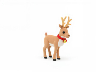 Fototapeta premium Cartoon reindeer with red collar and bell standing on white background 