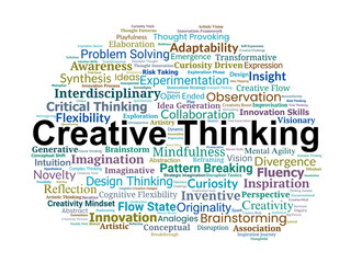 Creative Thinking Word Cloud. Keywords on Innovation, Idea Generation, and Mental Flexibility