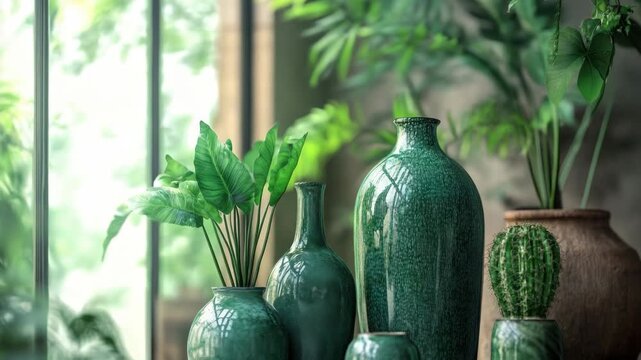 Colorful ceramic vases and plant pots arranged in a sunlit room, showcasing a harmonious blend of indoor greenery with home decor.
