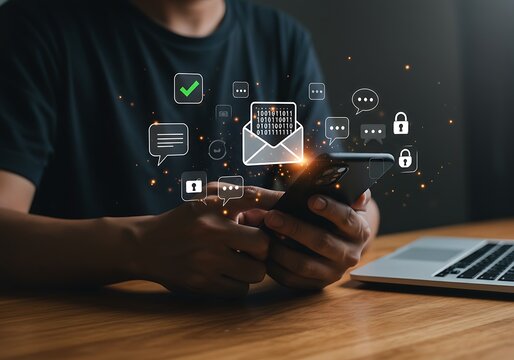 Person using phone with digital communication icons