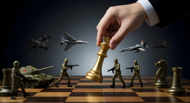 Strategic military planning and global conflict resolution: a chess game depicting geopolitical maneuvers and international relations.