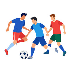 Three male soccer players in dynamic action, dribbling ball in flat illustration style, wearing colorful uniforms