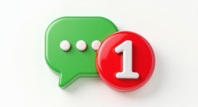 New Message Notification Icon 3D Render of One Unread Message in Green Chat Bubble
