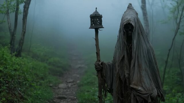 Leshy forest guardian: ancient spirit, hidden creature, Slavic myth, woodland protector, green feature, mystical figure, changeling power, nature balance, invisible form, mythical presence