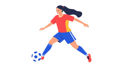 Obraz premium Athletic Woman in Red and Blue Uniform Kicking Soccer Ball