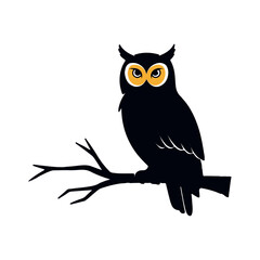 Black Owl Silhouette Perched on Branch with Yellow Eyes