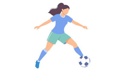 Obraz premium Faceless female soccer player in a blue uniform and ponytail, dribbling a soccer ball in a dynamic pose.