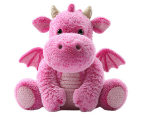 Pink plush dragon toy with soft fur, cute wings, and big eyes, sitting isolated on transparency background, evokes playful and cheerful mood, perfect for children and nursery decor