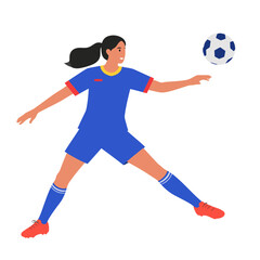 Obraz premium Female soccer player in a blue uniform with a ponytail, dynamically controlling the ball with her chest.