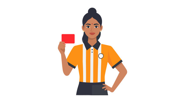 Serious Indian female referee in an orange striped uniform showing a red penalty card.