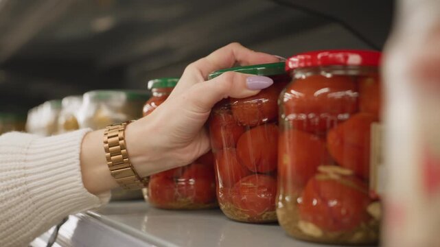 Close up of housewife hands returning transparent glass jar of tomatoes to metal supermarket shelf rails in bright grocery aisle highlighting manicure polished nails wrist watch