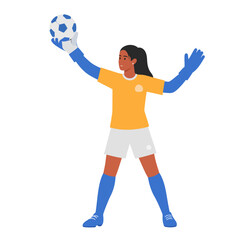 Female Soccer Goalkeeper Holding Ball with Blue Gloves and Uniform Details