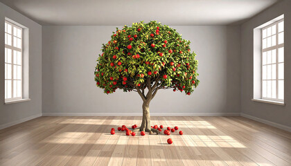 A symbolic editorial-style photograph featuring a apple tree placed at the exact center of a spacious, minimalist room with soft natural lighting. The room has neutral tones, light concrete or wooden 