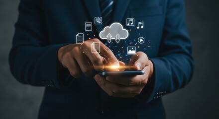 Person using smartphone with cloud technology icons