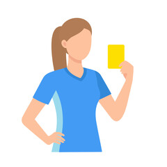 Faceless female referee with a ponytail in a blue jersey, holding up a yellow penalty card.