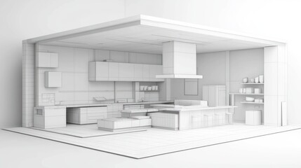 Architectural model of a modern kitchen interior.