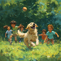 children playing with dog in the park