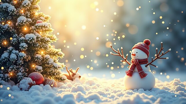 Winter Wonderland: Festive Snowman and Decorated Christmas Tree in Snowy Scene