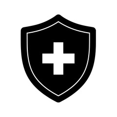 A black shield icon with a white medical cross, symbolizing health protection, immune system defense, and overall safety.