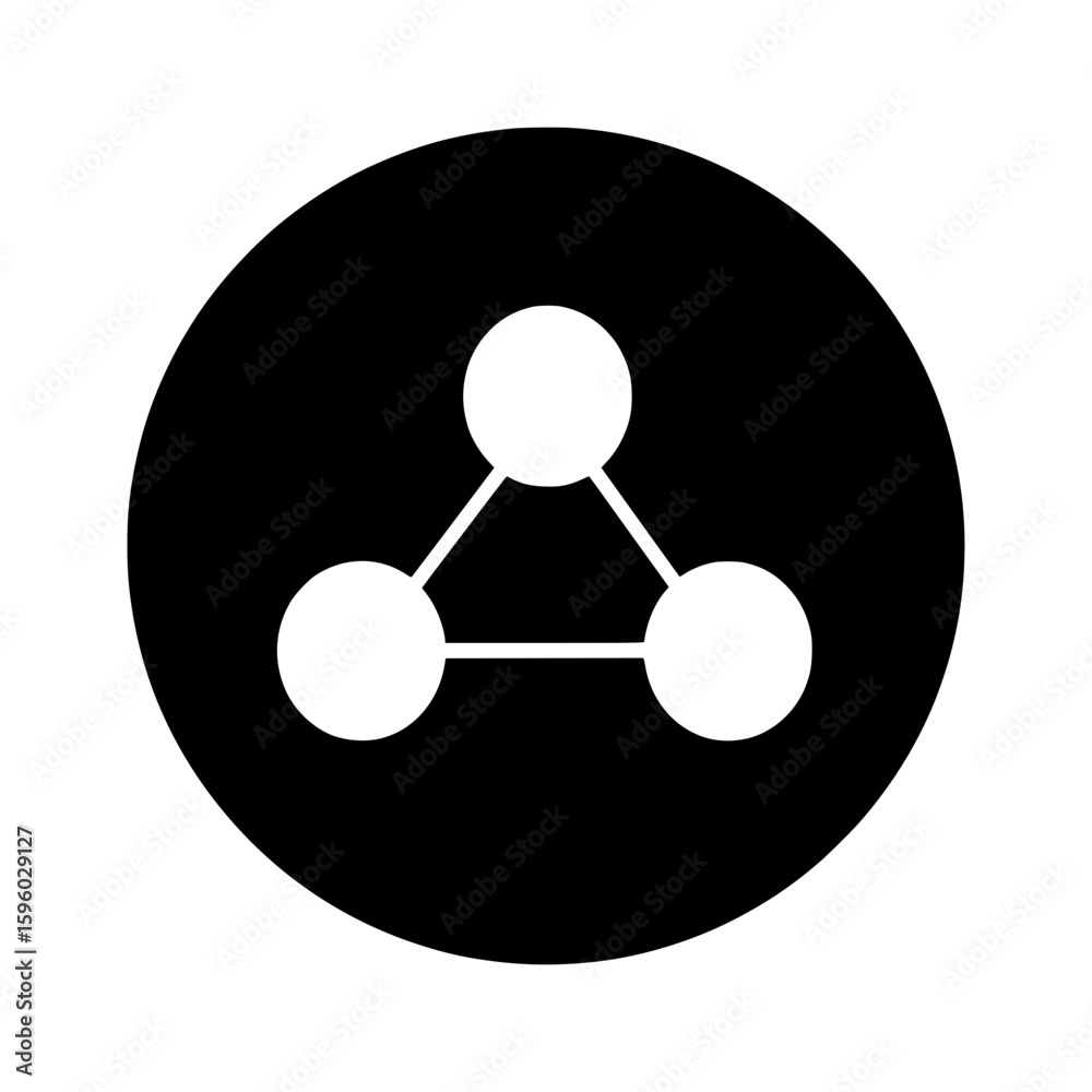 Poster a minimalist vector icon showing a network of three connected nodes, representing sharing, structure