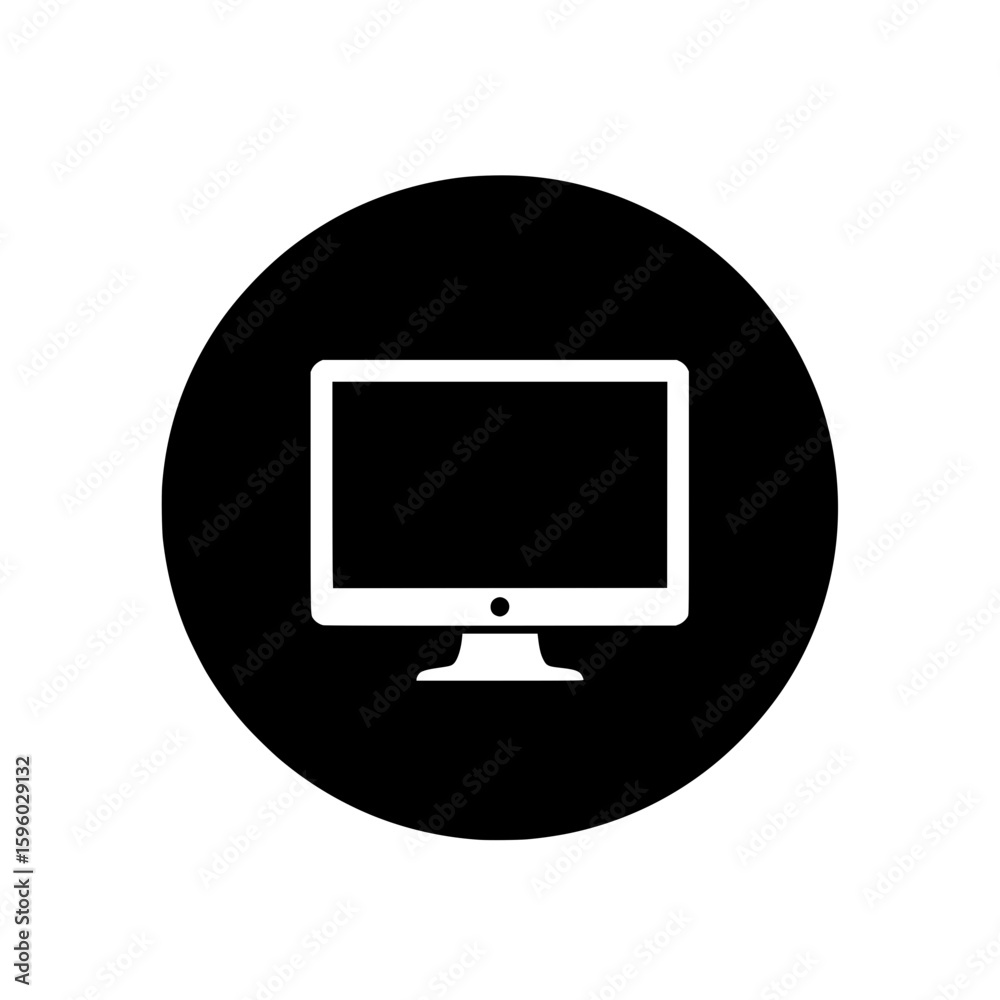 Poster a minimalist vector icon showing a white desktop computer monitor with a wide screen, presented insi