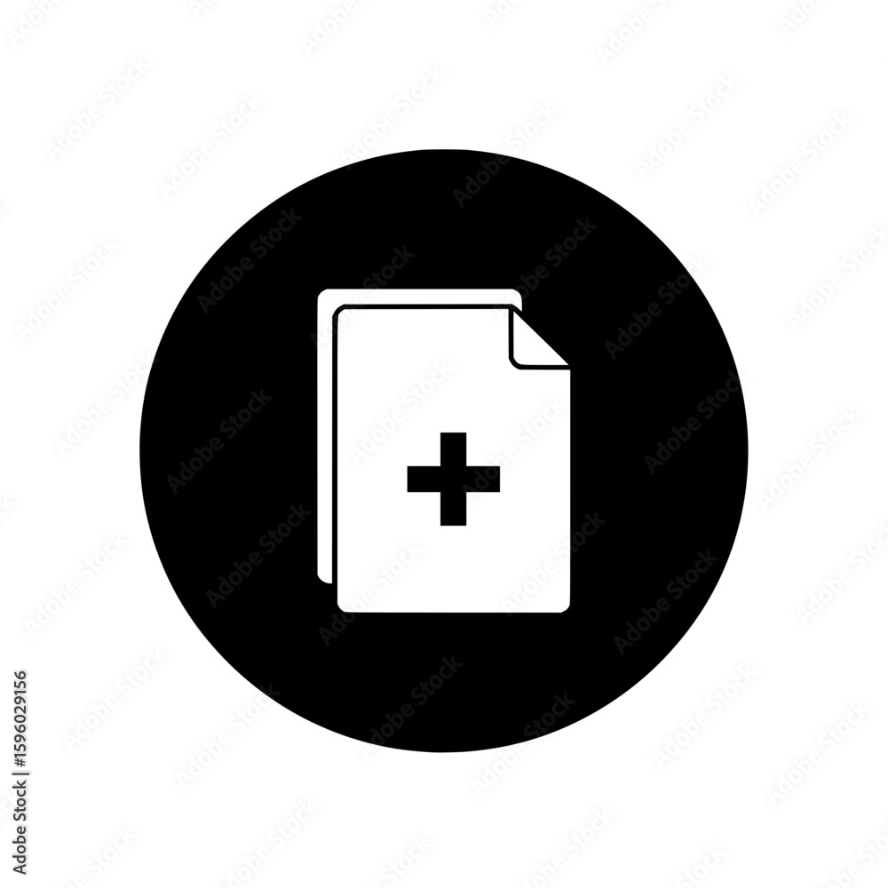 Poster A minimalist vector icon shows a white document with a plus symbol, representing creating a new file or adding a page.