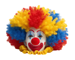 Colorful clown wig red nose white face paint blue and yellow makeup joyful expression isolated on transparency background playful curly hair costume accessory