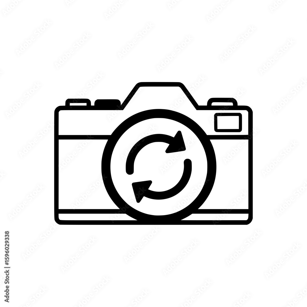 Poster vector icon of a camera with a refresh or switch symbol, representing changing between front and rea