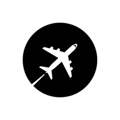 Minimalist vector icon showing a white passenger jet vector with a trail, set against a solid black circular background.