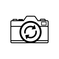Vector icon of a camera with a refresh or switch symbol, representing changing between front and rear cameras on a device.