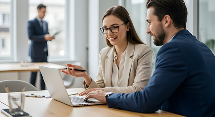 Successful business partners collaborate on a laptop, reviewing data and strategizing for growth, achieving shared goals together in a modern office setting.
