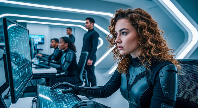 Woman operating a transparent screen computer in a futuristic control room, conceptualizing innovative technology and advanced data analysis