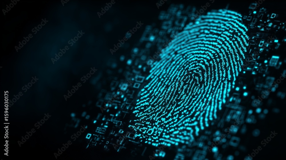 Poster fingerprint biometric data displayed in a digital format on a high-tech background