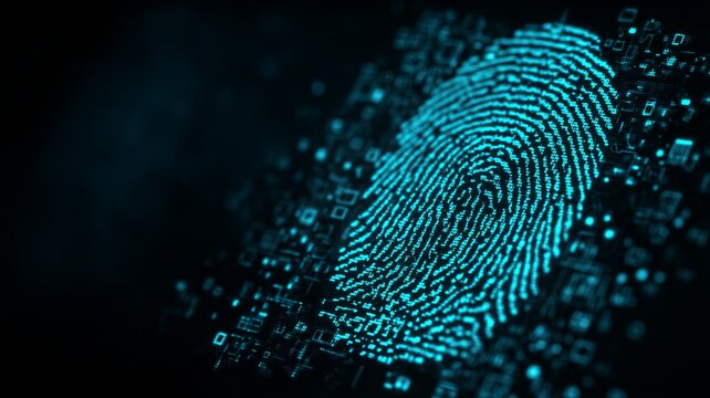 Fingerprint biometric data displayed in a digital format on a high-tech background