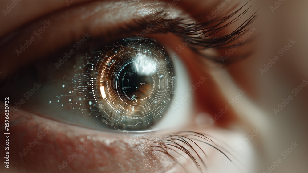 Poster biometric technology showcases an advanced eye scan with fingerprint recognition in a futuristic set