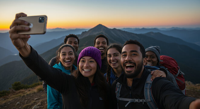 A group of seven diverse young adults smiles and takes a selfie with a smartphone on a mountain peak at sunset, with a scenic mountain range backdrop.