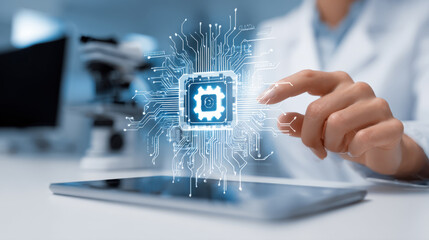 This image powerfully represents technological innovation and scientific research, showing a hand interacting with a digital circuit board and processor. Perfect for concepts of AI, data, future tech