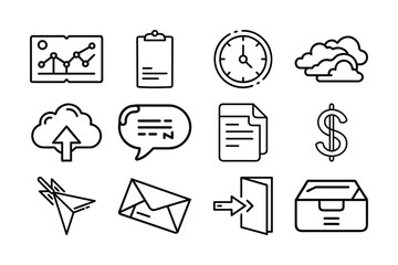 Collection of Business and Communication Line Icons on White