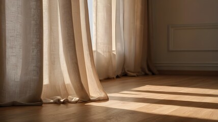 Beige Linen Curtain with Soft Light on Wooden Floor