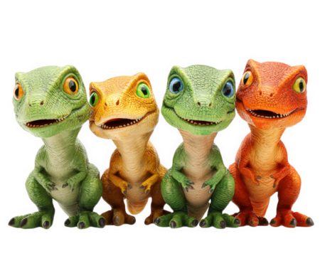 Four colorful dinosaur toys with big eyes and friendly expressions, featuring green, yellow, and orange hues, standing together on transparency background, evoking playful and cheerful vibes