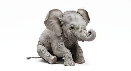 A charming baby elephant sits on a white surface, its trunk curled and large ears spread, looking directly at the viewer.