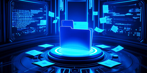 A futuristic scene with a glowing folder and floating documents in a blue environment on transparent background